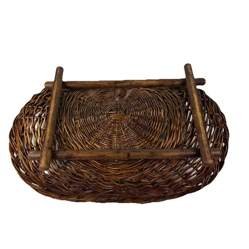Large Rustic Wicker Harvest Basket Wood Base Fire Log Holder Blanket Storage